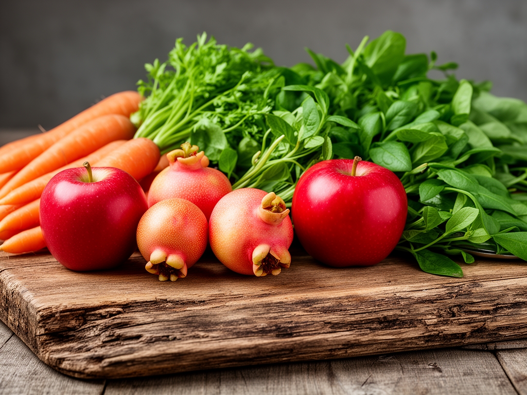 Artistički raspored svežeg sezonskog voća i povrća – jabuke, nara, šargarepe i zelenila – na rustičnoj drvenoj dasci