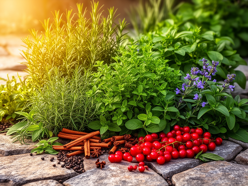 Umetnički raspored raznovrsnih svežih biljaka, začinskog bilja i bobičastog voća na kamenom podlošku, osvetljeno toplim prirodnim svetlom