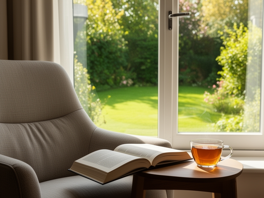 Mirni ugao sa udobnom stolicom, otvorenom knjigom i šoljom čaja pored prozora sa pogledom na zelenu baštu u poslepodnevnom svetlu