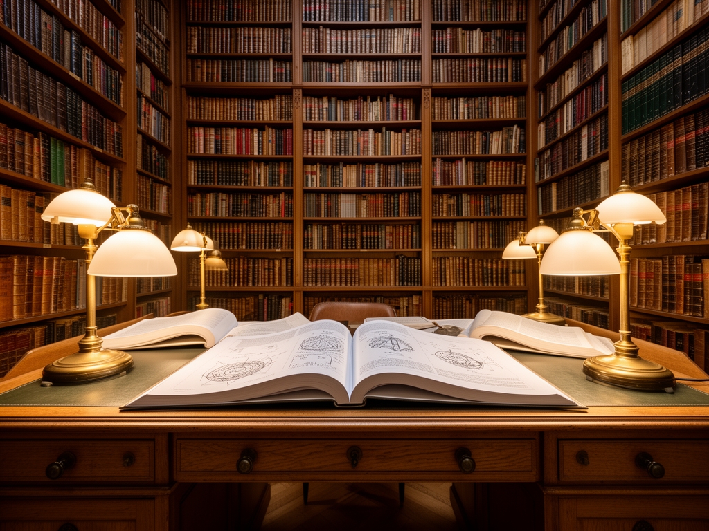 Interijjer tihog naučnog čitaonice sa visokim policama punim knjiga, toplim lampadama i studijskim stolom sa otvorenim naučnim časopisima