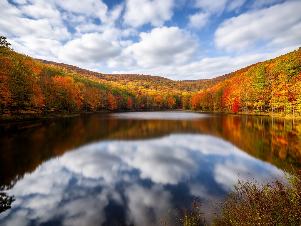 Panoramski pogled na mirno jezero okruženo listopadnom šumom u jesenjem koloritu, sa odrazom oblaka na glatkoj površini vode