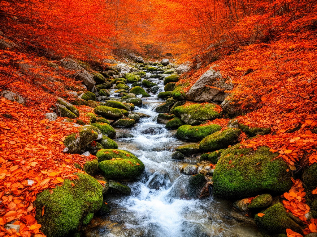 Bistri planinski potok koji teče između obloženih kamenja obraslog mahom, okružen jesenskim lišćem u toplim narandžastim nijansama